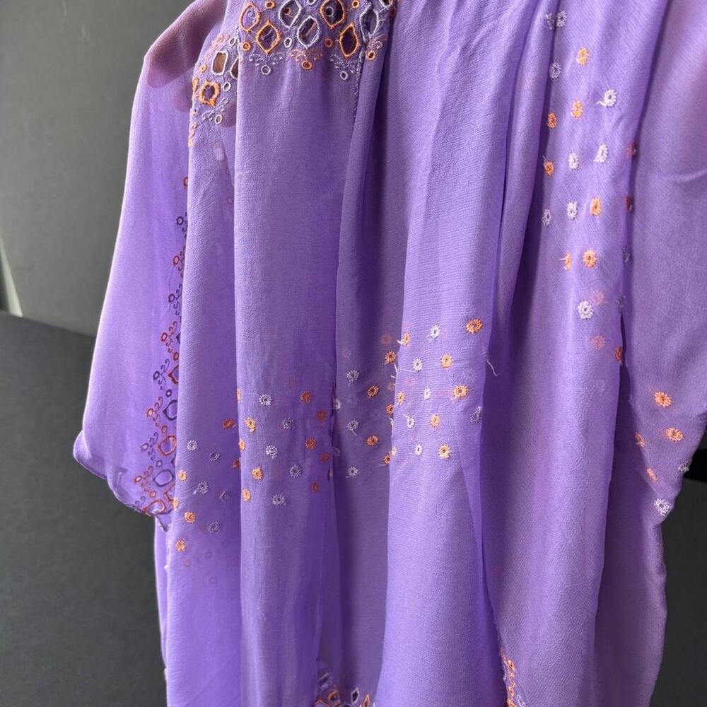 Purple embroidered sheer scarf with orange and white floral motifs